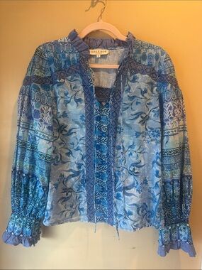 Hale Bob Multi-Blue Printed Peasant Blouse